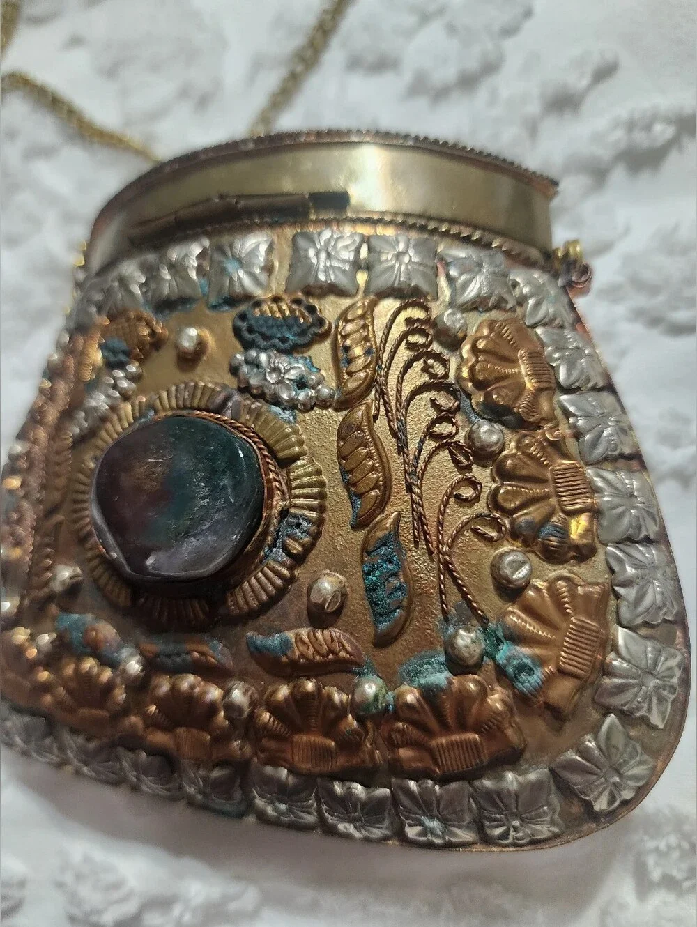 Vintage Sajai Indian Ethnic Sling Bag Clutches, Brass/Copper w/ Metal Chain